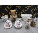 BOX OF MISCELLANEOUS POTTERY AND PORCELAIN INCLUDES PART TEA SERVICE, CHINESE VASE, TEAPOT, GREEK