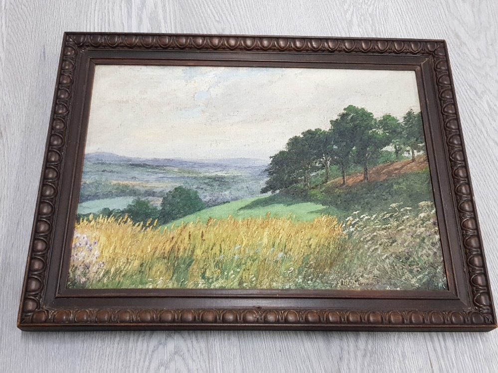 FRAMES OIL PAINTING ON BOARD TITLED THE WEALD FROM BAYLEYS HILL SIGNED LILIAN PLUMBE 1934 - Image 2 of 8