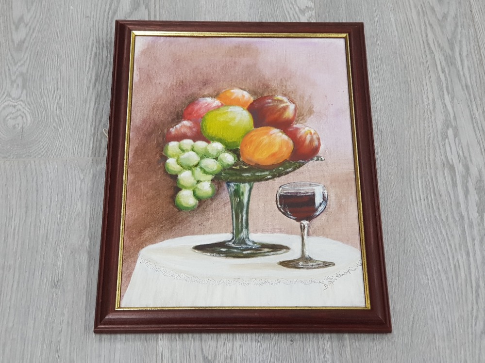 A FRAMED OIL PAINTING ON BOARD OF FRUIT AND WINE SIGNED BY D AINSLEY