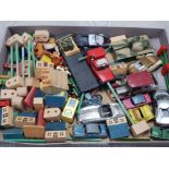 TRAY OF VINTAGE WOODEN BLOCKS AND DIE CAST VEHICLES INCLUDES CORGI LESNEY MATCHBOX ETC