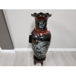 MASSIVE COMPOSITION ORIENTAL FLOOR VASE WITH EXTENSIVE DECORATION ON CARVED INLAID STAND 48 INCHES
