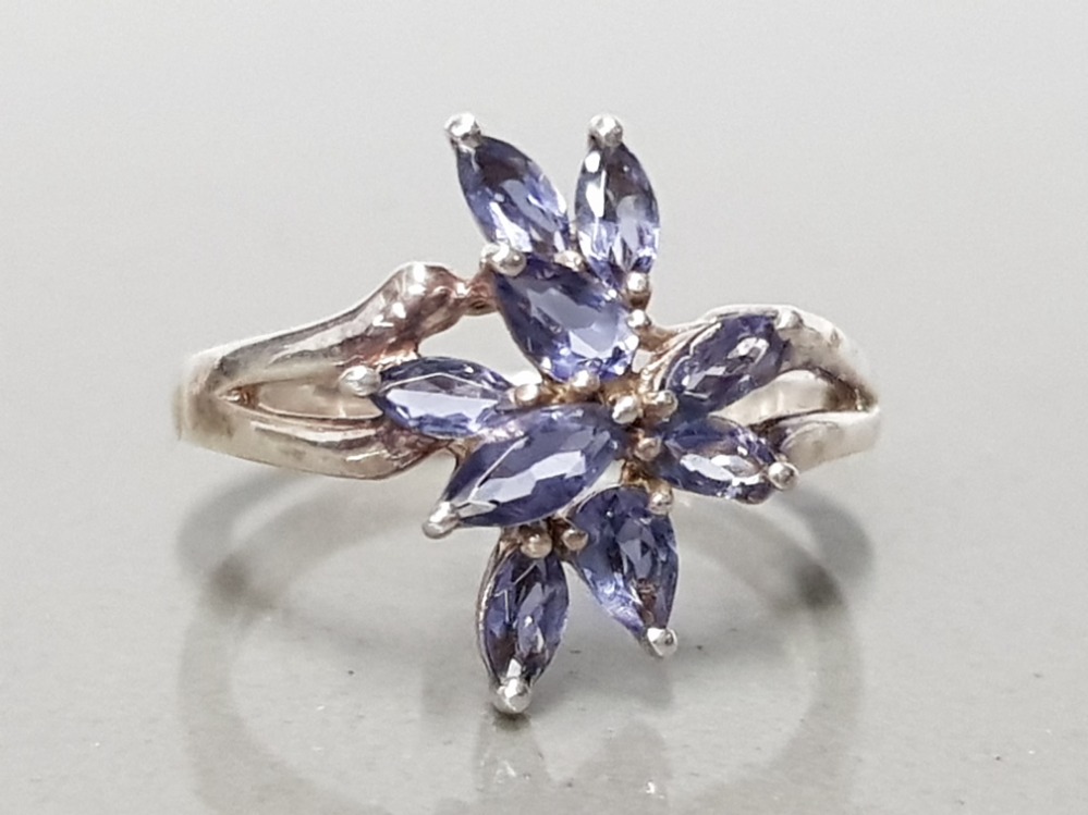 925 STERLING SILVER 9 STONE TANZANITE CLUSTER RING SIZE R1/2 GROSS WEIGHT 3.7G