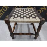 VINTAGE STRING WOVEN FOOT STOOL WITH OAT FRAME 30 X 32 X 32 CM