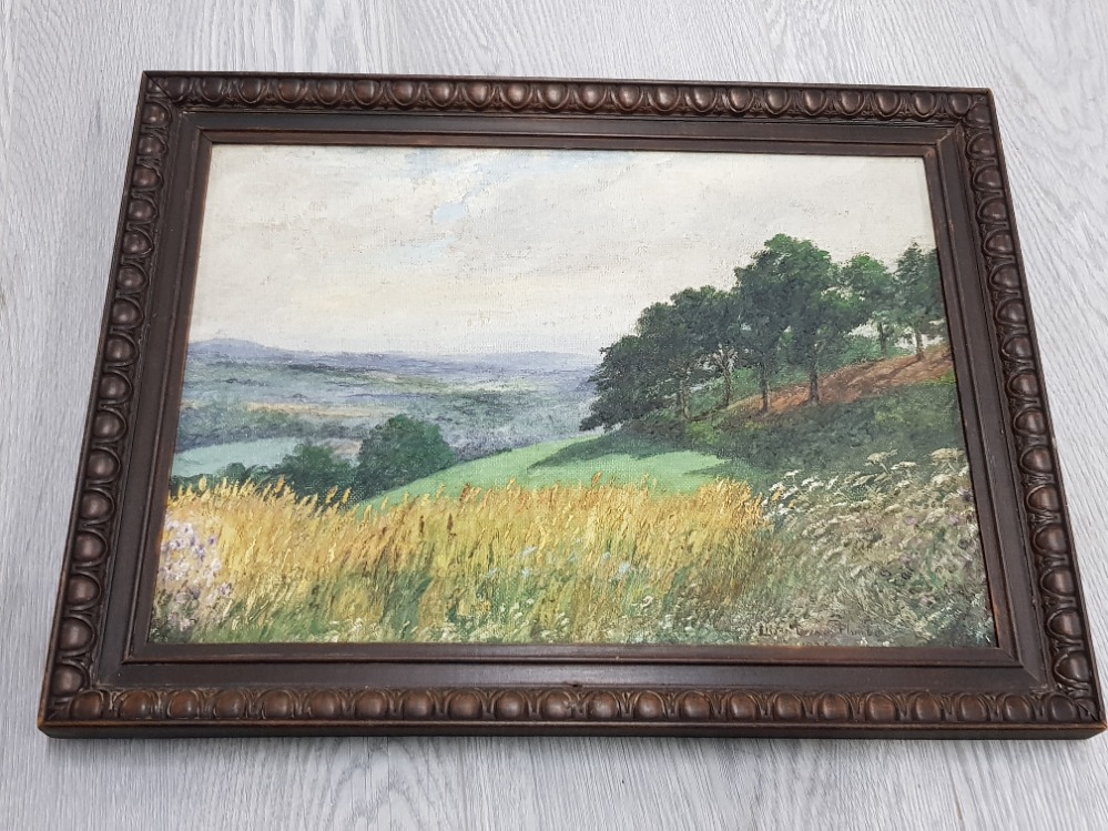 FRAMES OIL PAINTING ON BOARD TITLED THE WEALD FROM BAYLEYS HILL SIGNED LILIAN PLUMBE 1934