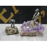 GOLFER METAL FIGURE ON AMETHYST STONE AND ANOTHER ON FOOLS GOLD