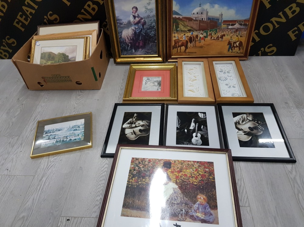 A BOX OF MISCELLANEOUS FRAMED ITEMS MAINLY PRINTS