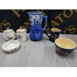 LARGE BLUE AND WHITE ROYAL DOULTON JUG TOGETHER WITH POOLE LIDDED POTS AND BOWL ETC