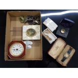 GERMAN TRAVEL CLOCK, BOXED FAKE AUSTRIAN DUCAT, 1948 FLORIN RING, PAINTING STRATTON ART DECO BOX