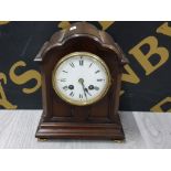 EDWARDIAN FRENCH MAHOGANY MANTLE CLOCK WITH BRASS DIAL ENAMEL DIAL AND BRASS REVERSE DOOR MARKED