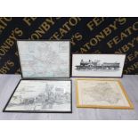 4 FRAMED RAILWAY PRINTS INCLUDING 2 RAILWAY MAPS, 1 BRITISH RAILWAYS WESTERN REGION WORKS SWINDON