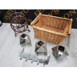 OBLONG WICKER BASKET CONTAINING METAL DRAW HOOK HANGER AND 3 METAL STORAGE CUBES