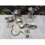 A BOX CONTAINING SILVER PLATED ITEMS SUCH AS TEA AND COFFEE POTS TOAST RACK ETC