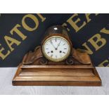 ANTIQUE MAHOGANY MANTLE CLOCK WITH BRASS DIAL DATED ON REVERSE DOOR 1877