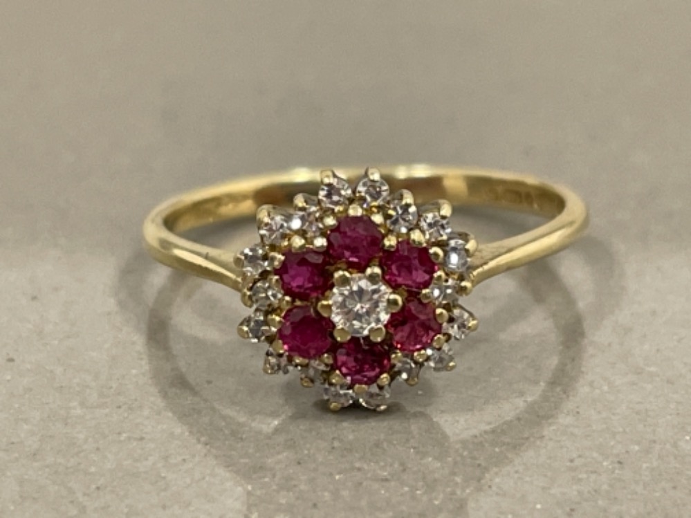 9CT GOLD RUBY AND DIAMOND CLUSTER RING SIZE J 1.6G