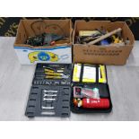 2 BOXES OF MISC TOOLS INCLUDES DRAPER TOOL SET HAMMERS FIRE EXTINGUISHER ETC