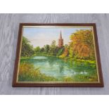 FRAMED OIL PAINTING ON BOARD OF A CHURCH AND RIVER SCENE SIGNED K THOMAS