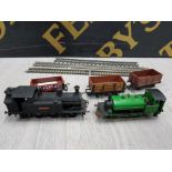 2 MODEL TRAIN ENGINES WITH CART AND TRACKS