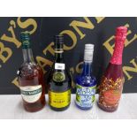 4 BOTTLES OF ALCOHOL INCLUDING RAYNAL AND CIE THREE BARRELS BRANDY, MORRISON FRENCH BRANDY, BLUE