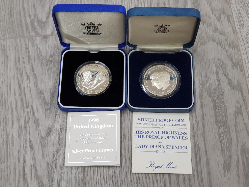 UK ROYAL MINT SILVER PROOF CROWNS 1981 AND 1998 BOTH IN ORIGINAL CASES