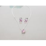 SILVER AND PINK CZ PENDANT ON SILVER CHAIN WITH MATCHING EARRINGS GROSS 4.3G