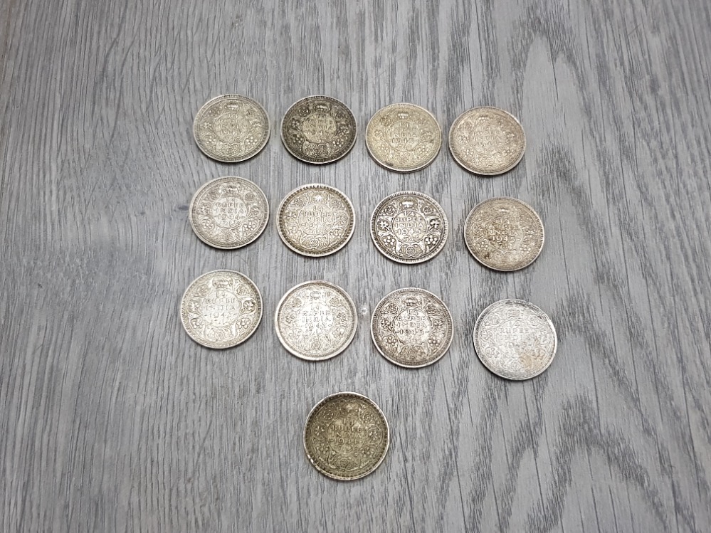 13 PRE 1945 SILVER INDIA 1/4 RUPEE COINS