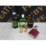3 LARGE BOTTLES OF ALCOHOL AND 2 MINATURES WITH LEATHER WHISKY FLASK INCLUDES GORDONS GIN AND