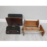 VINTAGE CARVED WOODEN LETTER RACK TOGETHER WITH LEATHER STUDDED MAGAZINE RACK PLUS 2 BOOK RACKS