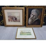 3 GILT FRAMED ITEMS INCLUDES A WATERCOLOUR OF STAMFORDHAM COTTAGE, A PRINT OF NORTH SHIELDS FISH