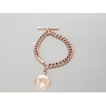 9CT ROSE GOLD ALERT BRACELET WITH ROSE GOLD T BAR AND FOB 18CM 31.1G