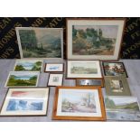 FRAMED ITEMS INCLUDES TAPESTRY AND PRINTS MAINLY OUTDOOR SCENES AND 2 OIL ON BOARDS BY N WILLIS