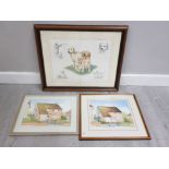 A PAIR OF WATERCOLOURS SIGNED BY GWENDA ROWEANDS TOGETHER WITH A FRAMED PRINT BY NIGEL HEMMING