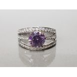 SILVER AND PURPLE CZ TRIPLE BAND RING SIZE N1/2 GROSS 6.1G