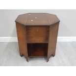 1930S OAK OCTAGONAL UTILITY STYLE SEWING TABLE BOX WITH ORIGINAL PINK SILK INTERIOR