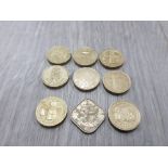 8 COLLECTABLE OLD ONE POUND COINS PLUS A 15 CENT COIN DATED 1966