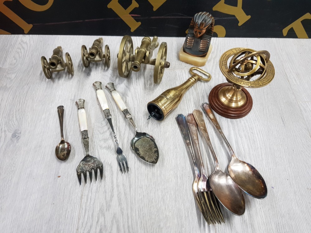 COLLECTION OF BRASS ITEMS INCLUDES 3 CANNONS, REVOLVING STAR SIGN GLOBE, CHAMPAGNE CORKSCREW AND