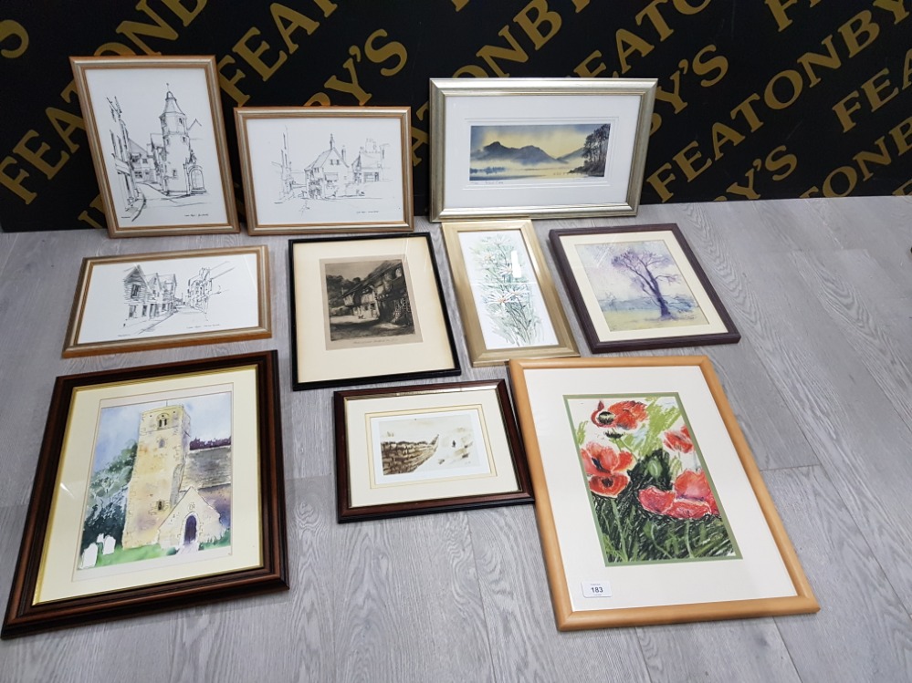 10 FRAMED PRINTS INCLUDES SKETCHES AND OUTDOOR SCENES MAINLY BY JH