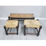 3 OAK FRAMED STRING SEATED STOOLS