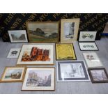 12 FRAMED PRINTS SOME OF LOCAL INTEREST INCLUDES DURHAM CATHEDRAL AND DELAVAL HALL WITH 2 MOTOR