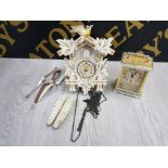 CUCKOO CLOCK BY J. GELGER, QUARTZ TABLE CLOCK AND 3 QUARTZ WRIST WATCHES