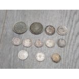 SILVER EARLY INDIA COINS TO INCLUDE 2 1944 1/2 RUPEES 2 1/4 RUPEES AND 8 ZANNAS PRE 1918 INCLUDING