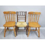 2 BEECH FRAMED CHAIRS TOGETHER WITH VINTAGE STRAW SEATED CHAIR