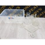 LARGE LOT OF MISCELLANEOUS GLASSWARE INCLUDES STUART CRYSTAL VASE CHAMPAGNE FLUTES ETC