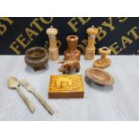 MISCELLANEOUS TREEN ITEMS INCLUDES PIG, CANDLE HOLDER SALT AND PEPPER SHAKERS ETC