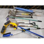 GARDENING TOOLS INCLUDES RAKES, SPADES, BLUE UMBRELLA AND TELESCOPIC BRUSHES ETC