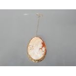 WELL PRESENTED 18CT YELLOW GOLD CAMEO BROOCH WITH SAFETY PIN 6CM BY 4.5CM GROSS 15.9G