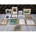 FRAMED PRINTS INCLUDES 2 HIGHLAND CATTLE, 2 PENCIL SKETCHES OF DOGS, OUTDOOR SCENES AND A OIL ON