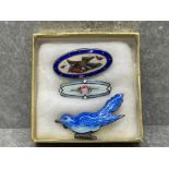 3 VINTAGE ENAMEL BROOCHES BIRDS AND FLORAL MARKED AS SILVER