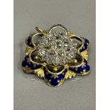 ANTIQUE DIAMOND CLUSTER BROOCH FITTING WITH PENDANT LOOP SURROUNDED BY BLUE ENAMEL 18G