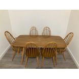 RETRO ORIGINAL ERCOL DINING ROOM SUITE TABLE AND 6 QUAKER CARVERS 150CM BY 74CM BY 71CM