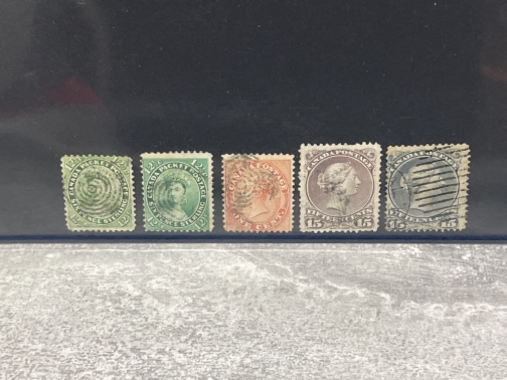 STAMPS CANADA VICTORIAN 5 INCLUDING 1859 1CENT AND 12 1/2CENT